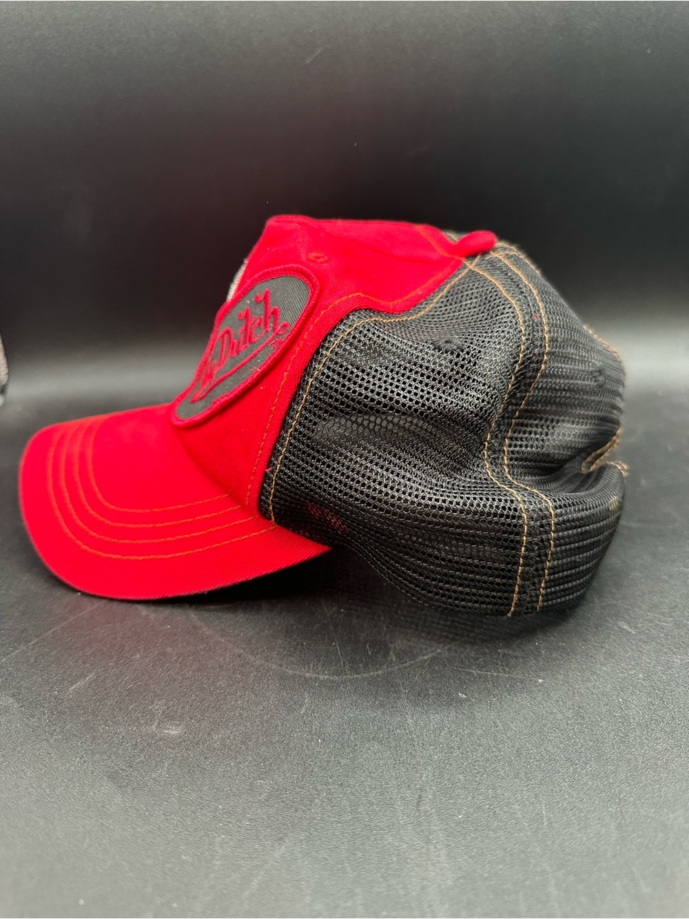VTG Von Dutch Hat Cap Red Double Patch Distressed Mesh Trucker Snapback Skull - Picture 2 of 4